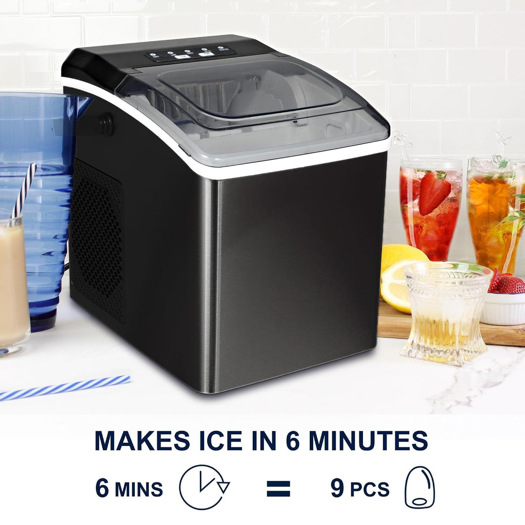 KIM26-B Ice Makers Countertop, Portable Ice Maker, 26Lbs/24Hrs 9 Bullet Ice Cubes Ready in 7 Mins, Self-Cleaning Function, L&S Size, with Ice Scoop and Basket, Perfect for Party, Black
