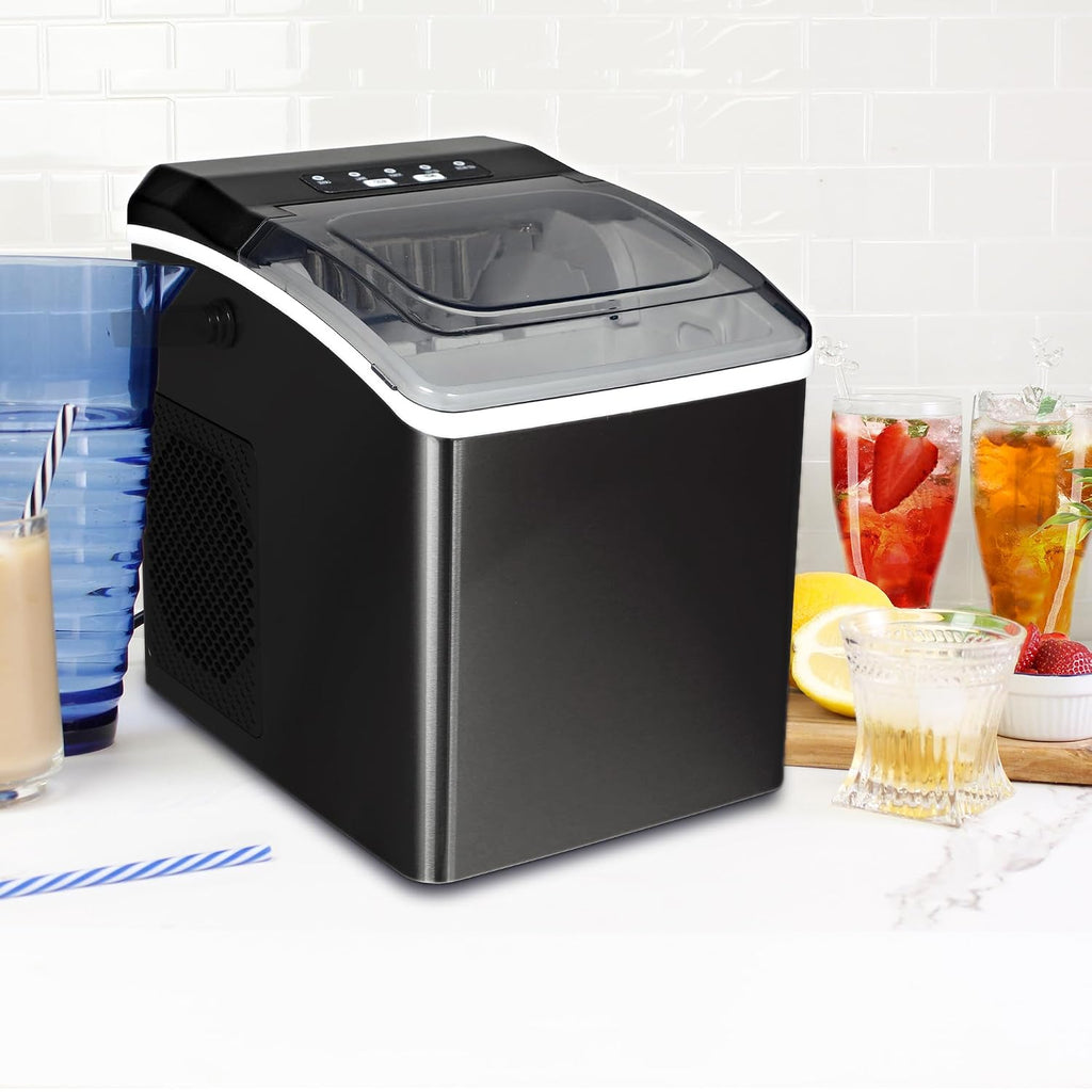KIM26-B Ice Makers Countertop, Portable Ice Maker, 26Lbs/24Hrs 9 Bullet Ice Cubes Ready in 7 Mins, Self-Cleaning Function, L&S Size, with Ice Scoop and Basket, Perfect for Party, Black