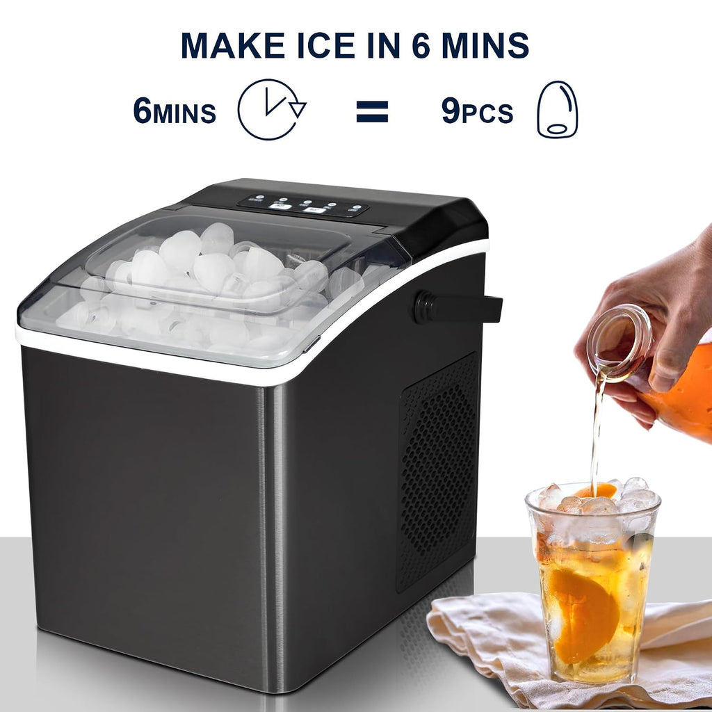 KIM26-B Ice Makers Countertop, Portable Ice Maker, 26Lbs/24Hrs 9 Bullet Ice Cubes Ready in 7 Mins, Self-Cleaning Function, L&S Size, with Ice Scoop and Basket, Perfect for Party, Black